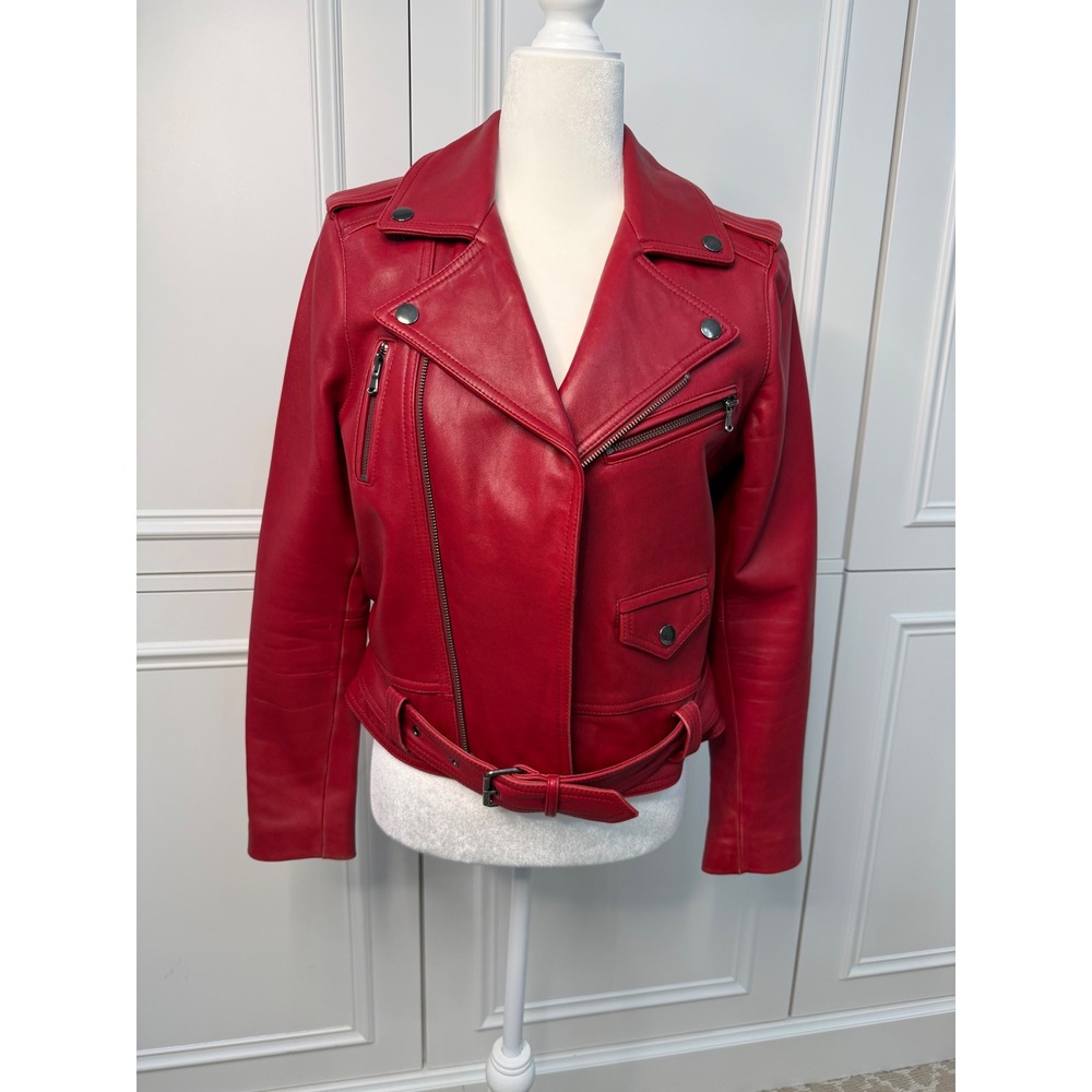 Parker Moto Jacket Women M Red Excellent Leather Biker Belted Asymmetric